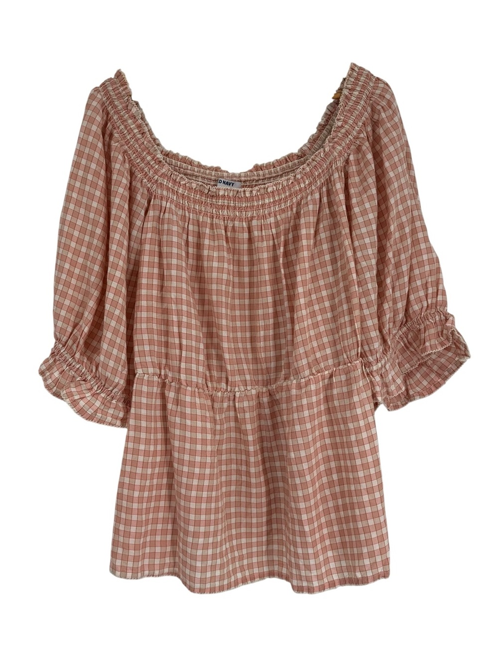 Old Navy Women's Top Pink Plaid Puff Sleeves Milkmaid Babydoll Size 4X Smocking